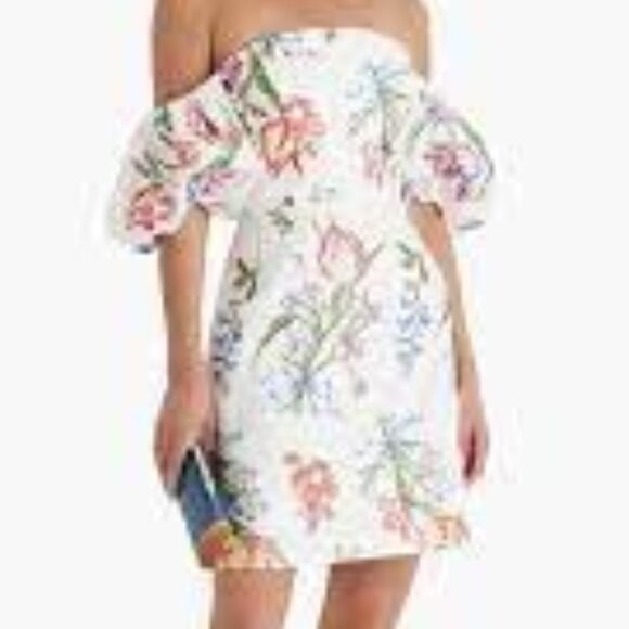 Marchesa Notte embroidered ivory floral puff sleeve Alex off shoulder dress 0 - Picture 4 of 12